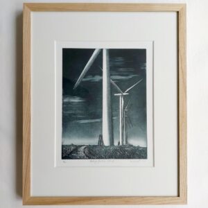 Kat Foxhall OPC: Waiting for the Wind. A framed etching of five wind turbines against a clear sky