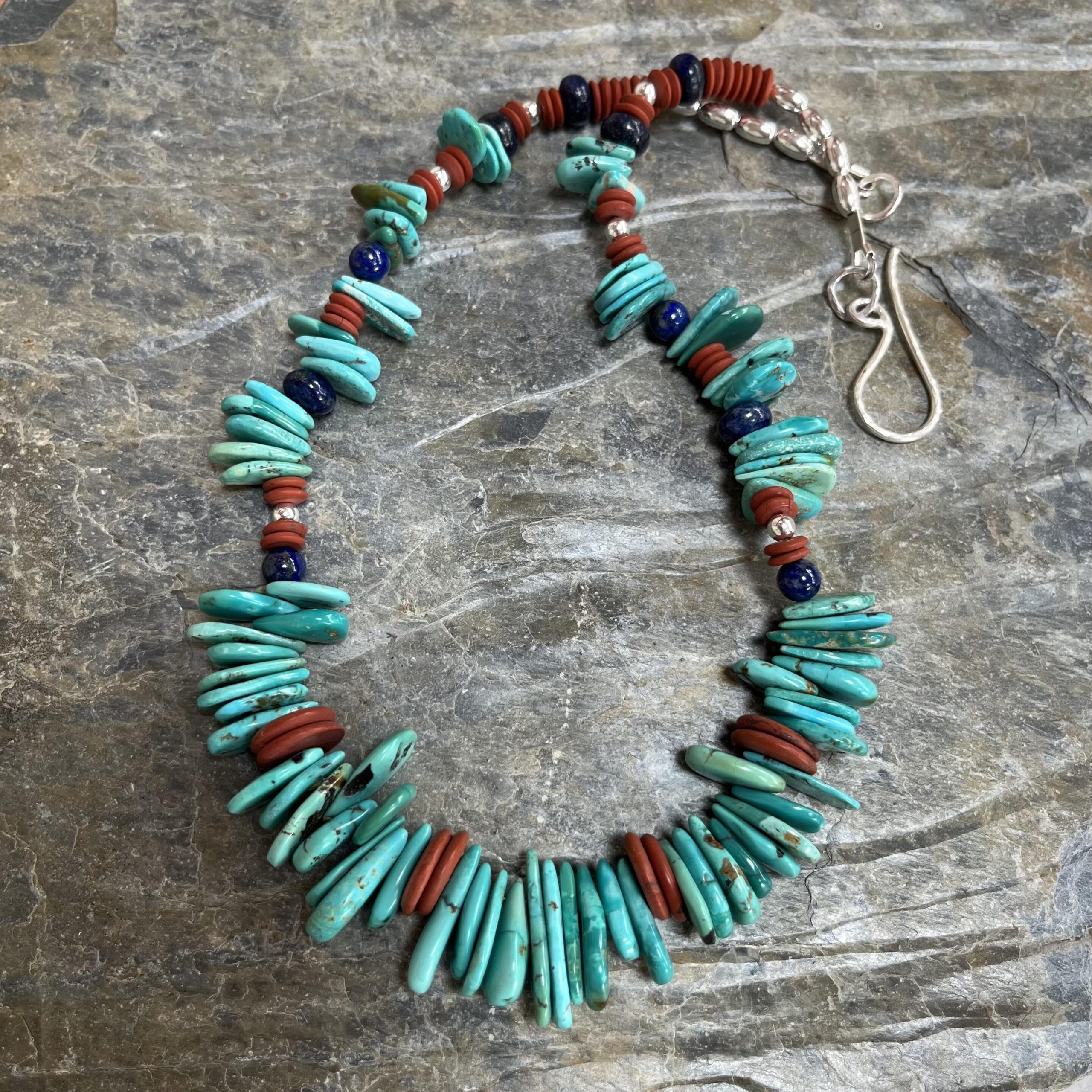 Alison Morris: Turquoise, red jasper, lapis lazuli and silver necklace