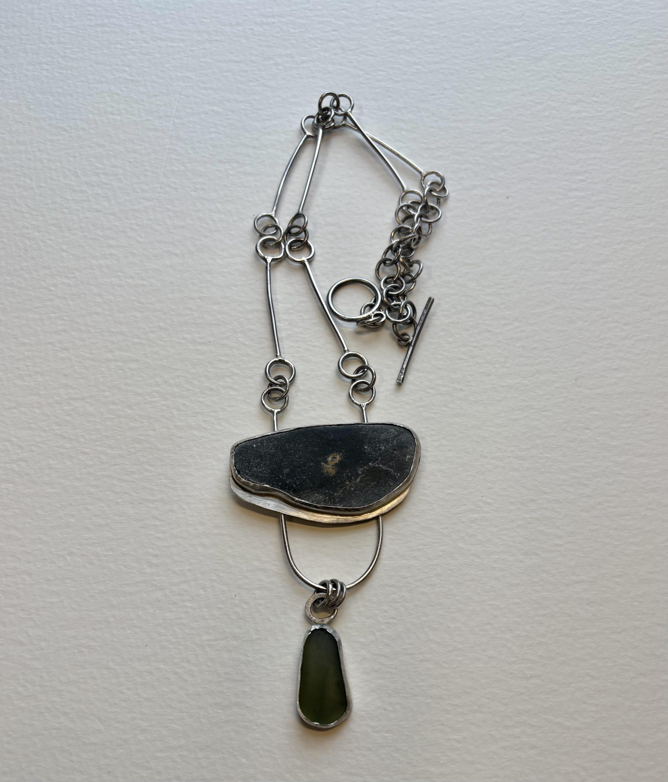 Jane Griffiths: Necklace of found stone and seaglass on a handmade sterling silver chain
