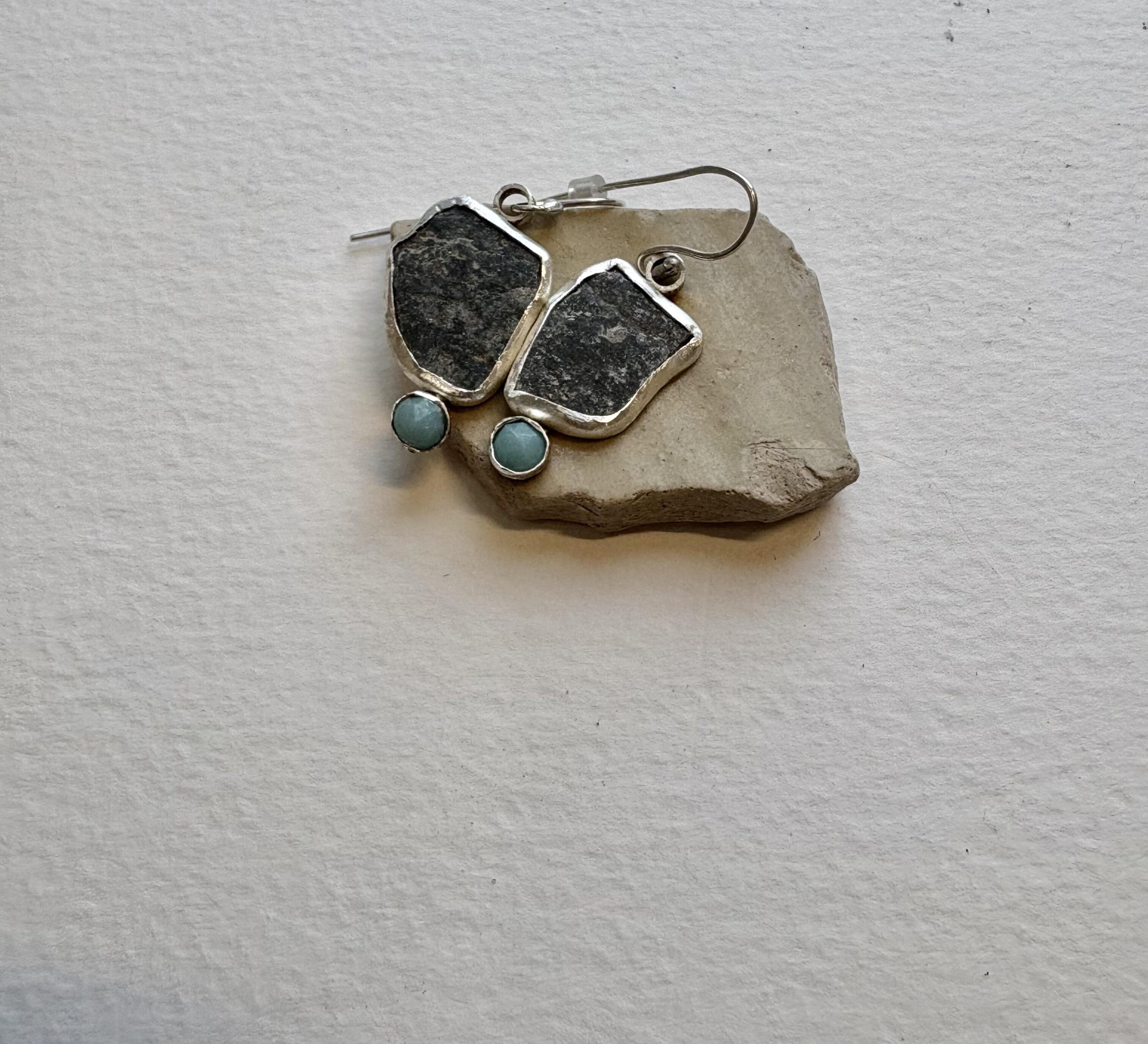 Jane Griffiths: Sterling silver, found stone and chaledony drop earrings