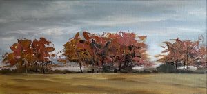 Amanda J Bond: White House Farm trees, oil on board, 42x21 cams