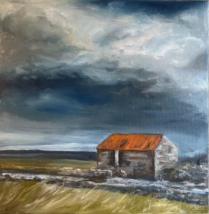 Amanda J Bond: Red Roof, oil on deep canvas, 30 x 30 cms