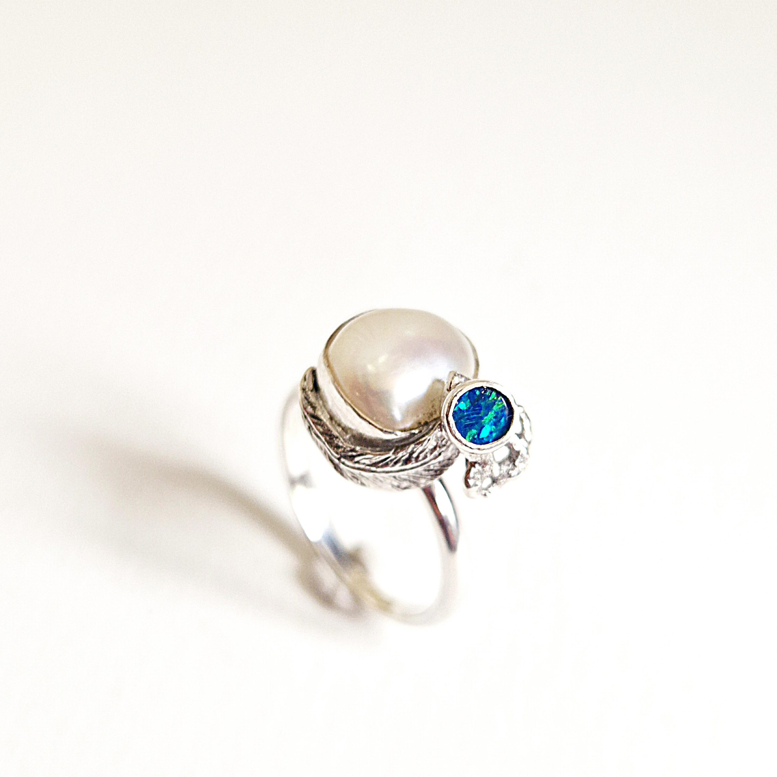 Chloe Romanos WOA: 'Peacock' Ring, sterling silver, pearl and opal, Chloe Romanos