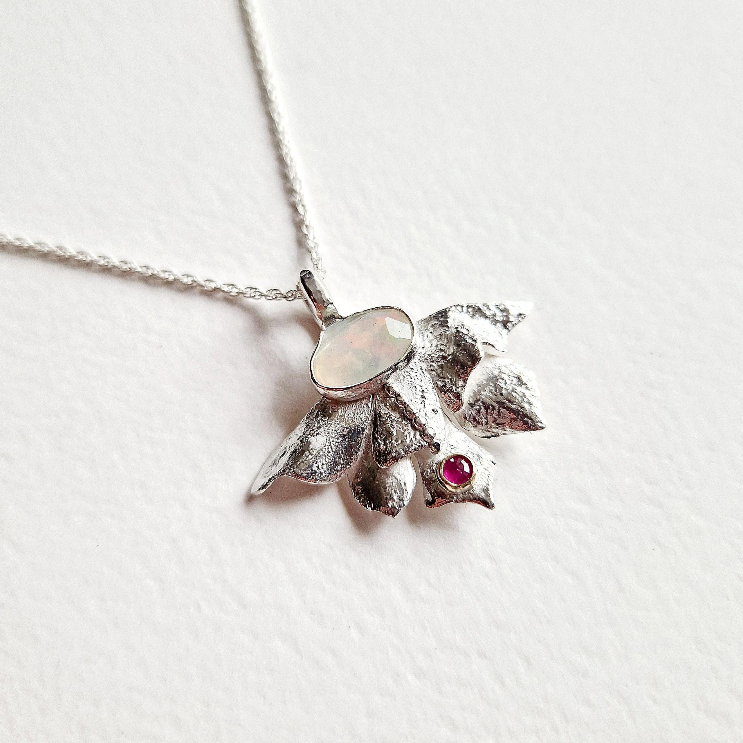 Chloe Romanos WOA: 'Lotus' Necklace, sterling silver, opal and garnet, Chloe Romanos