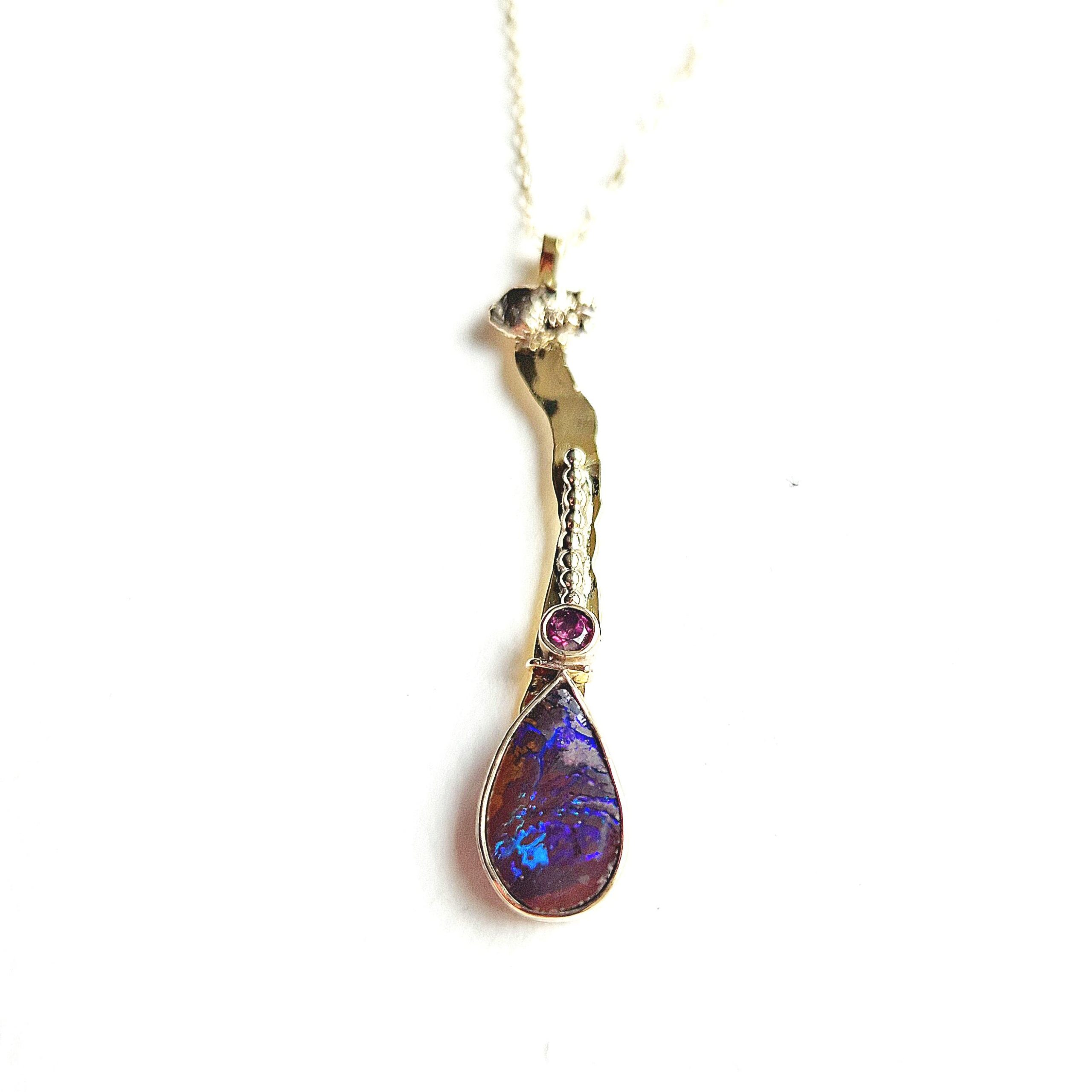 Chloe Romanos WOA: 'The Path' Necklace, gold with opal and garnet, Chloe Romanos