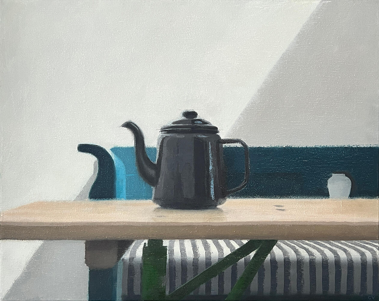 Claire Venables OAS: A pot of tea sits on a table with a diagonal shadow falling across the wall behind, by Claire Venables