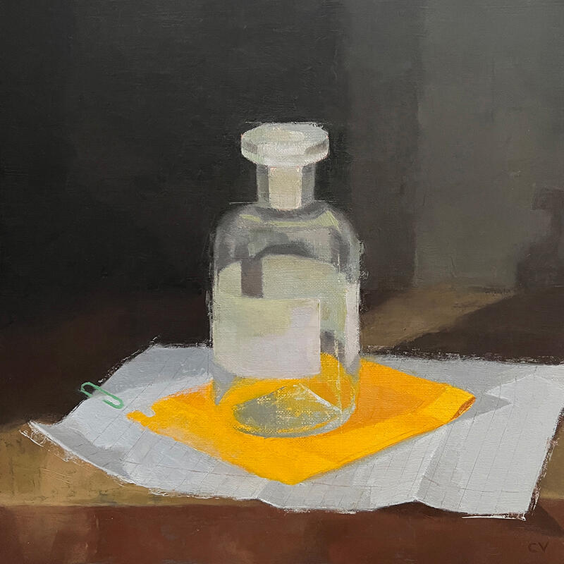 Claire Venables OAS: A clear glass chemistry bottle sits, partially in shadow, on a sheet of yellow paper creating shadow and reflections. This is an oil painting by Claire Venables