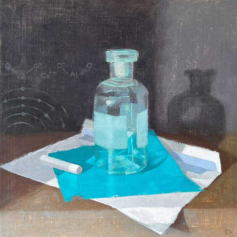 Claire Venables OAS: A clear glass chemistry bottle sits on a sheet of blue paper and an open envelope. This is an oil painting by Claire Venables.