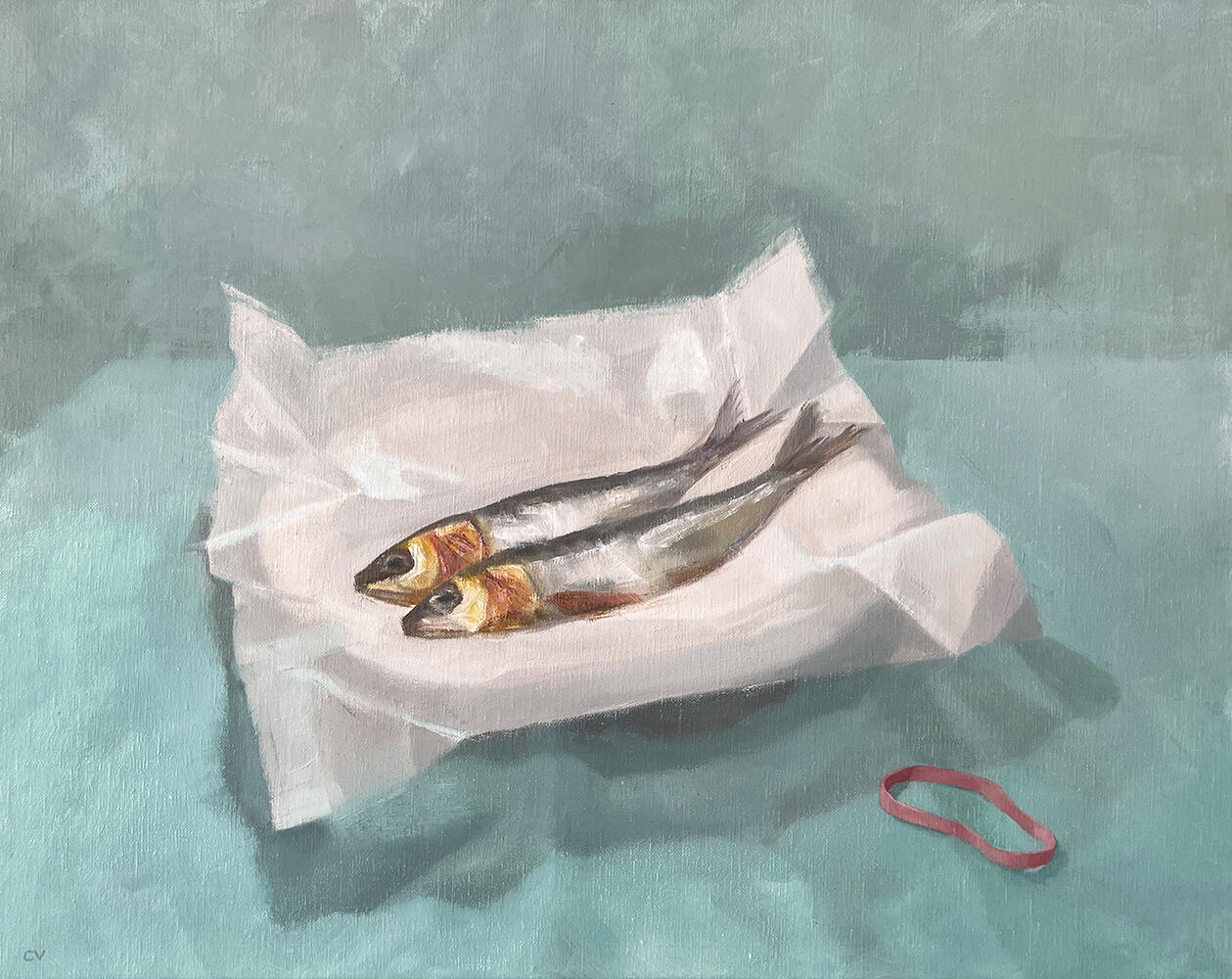 Claire Venables OAS: Two fish have just been unwrapped. A painting by Claire Venables.