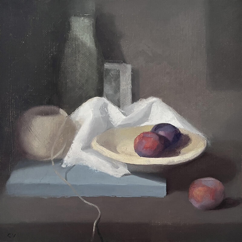 Claire Venables OAS: A quiet still life with some plums by Claire Venables.