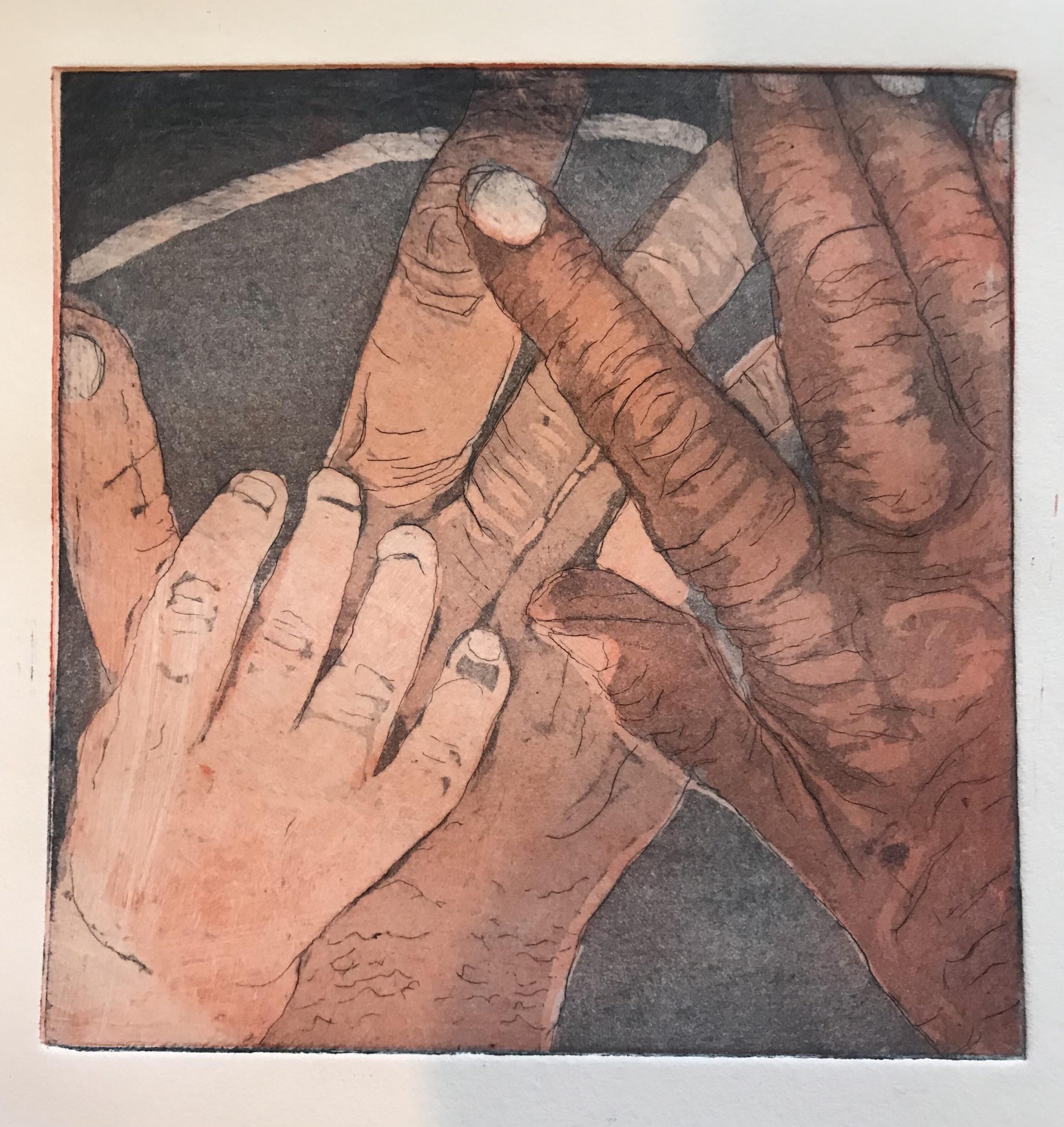 Sally Levell OAS, OPC: Hands from 3 Generations of the same family -2 plate etching