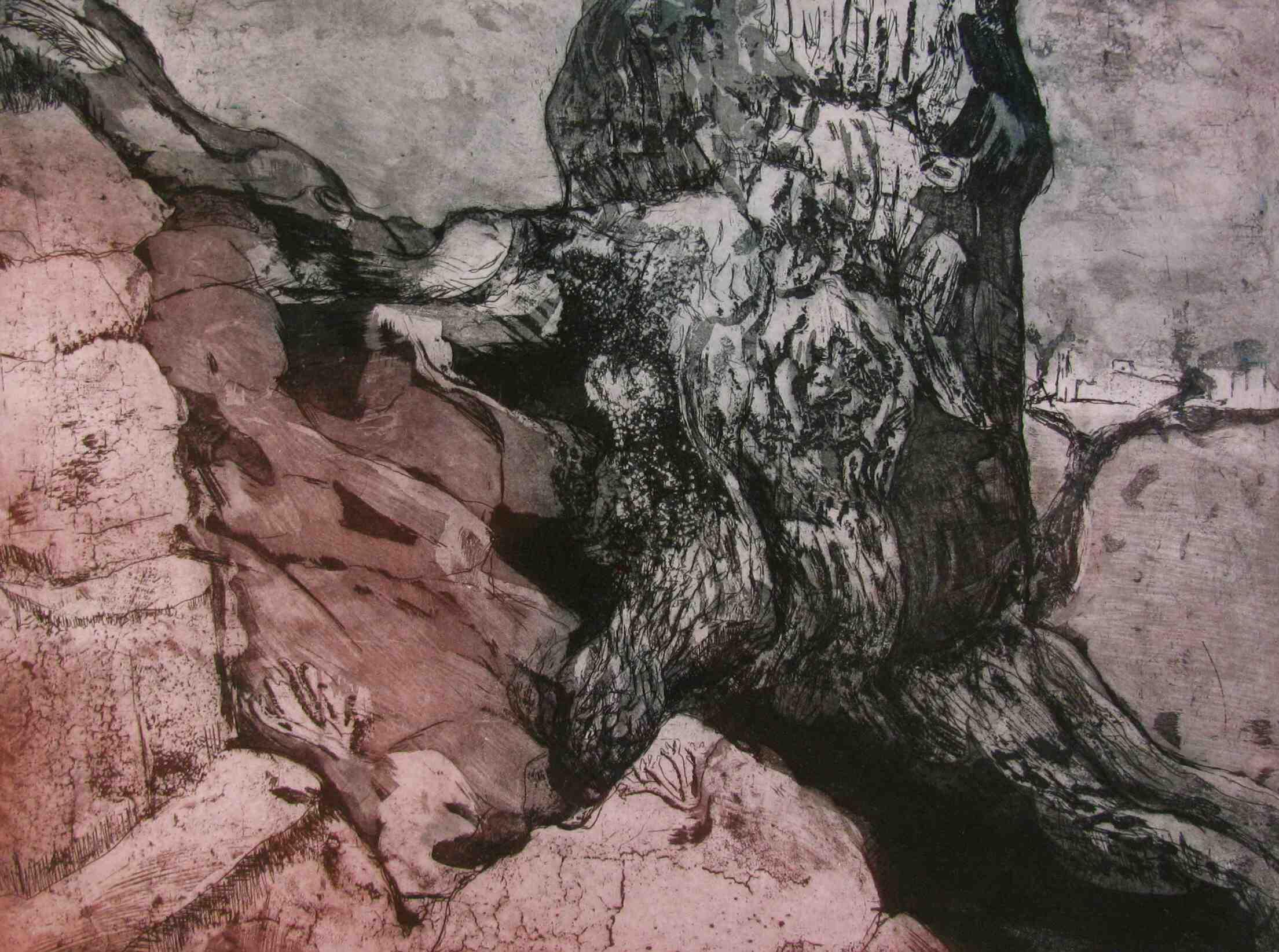 Sally Levell OAS, OPC: Ancient oak and fossil, Bradgate park, Leics.-etching