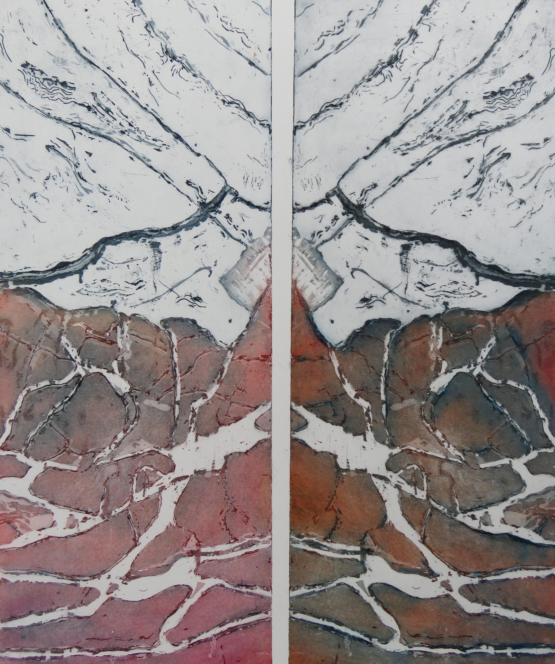 Sally Levell OAS, OPC: Exposed contact between rocks of the Upper mantle and Earth's crust, Oman Etching.