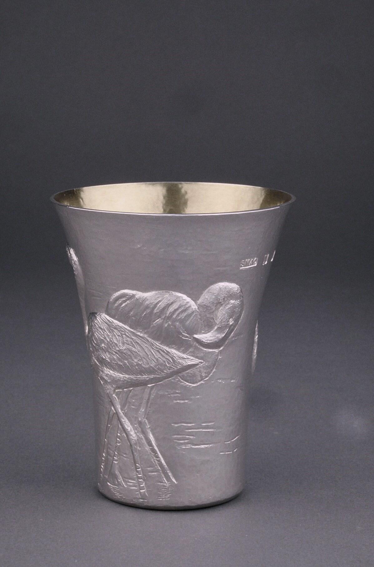 Stella Campion: Silver beaker chased with images of flamingos