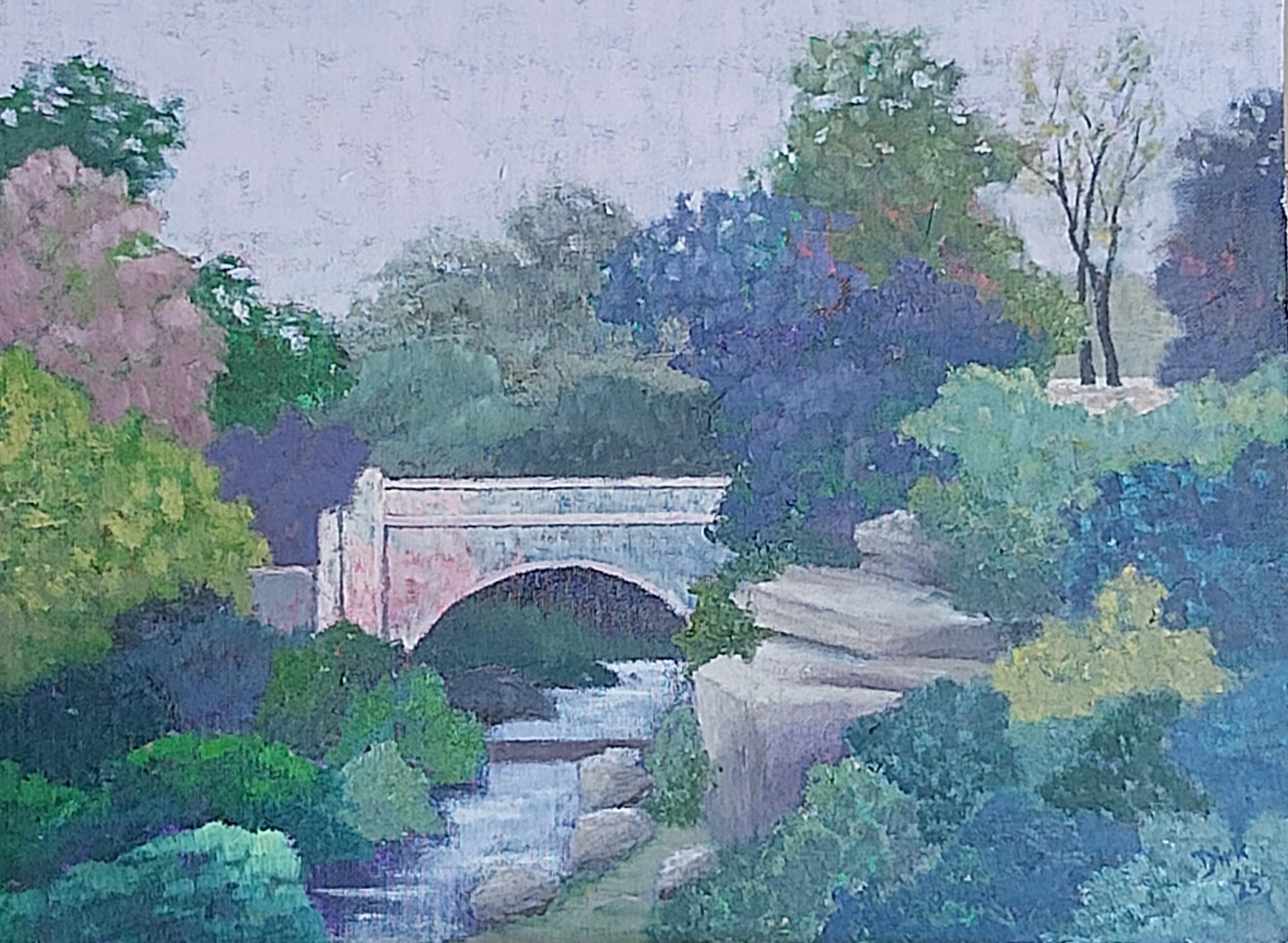 Dirk Pretorius OAS: Inspired by Batsford Arboretum.  Oil on canvas board.    40cm x 30cm This is the third painting to emerge from my many visits to Batsford Arboretum. For me it offers such a variety of form, colour and scale at different times of the year. My first effort was a tiny, almost monochrome painting, also featuring the bridge, 15cm x 15cm, which was sold at my first Artweeks show in 2011. The second painting sold at our C21 Art Group’s exhibition at Woodstock Museum last year.