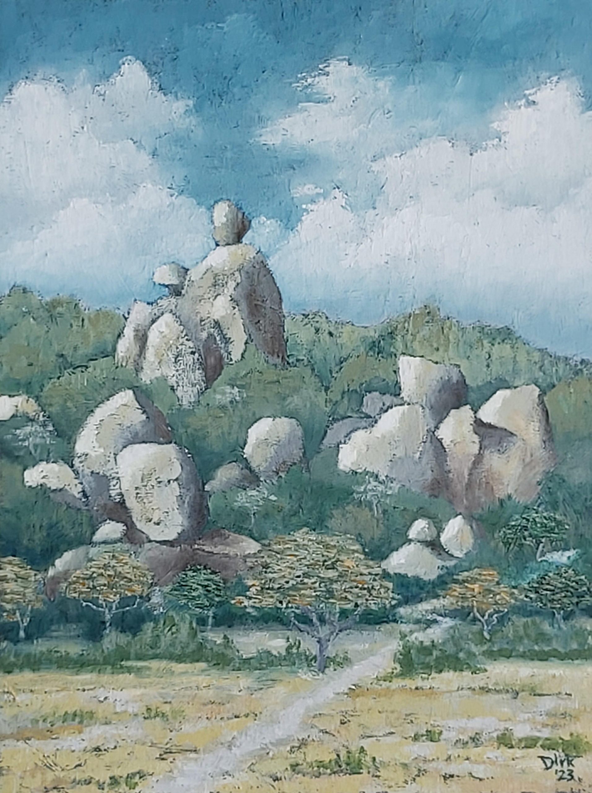 Dirk Pretorius OAS: Leopard’s Lair, Zimbabwe.   Oil on canvas board.  30cm x 40cm This painting emerged from a childhood memory of my father and neighbouring farmers going out at night to hunt a rogue leopard that had killed a number of calves and lambs. It seems serene but as a child I was worried if my father would return safely. Such was farming life in 1950s Africa!  ‘Leopard’s Lair’ is the first of a planned pair. The second painting will aim to capture the raw threat of the occasion in the mind of a child.