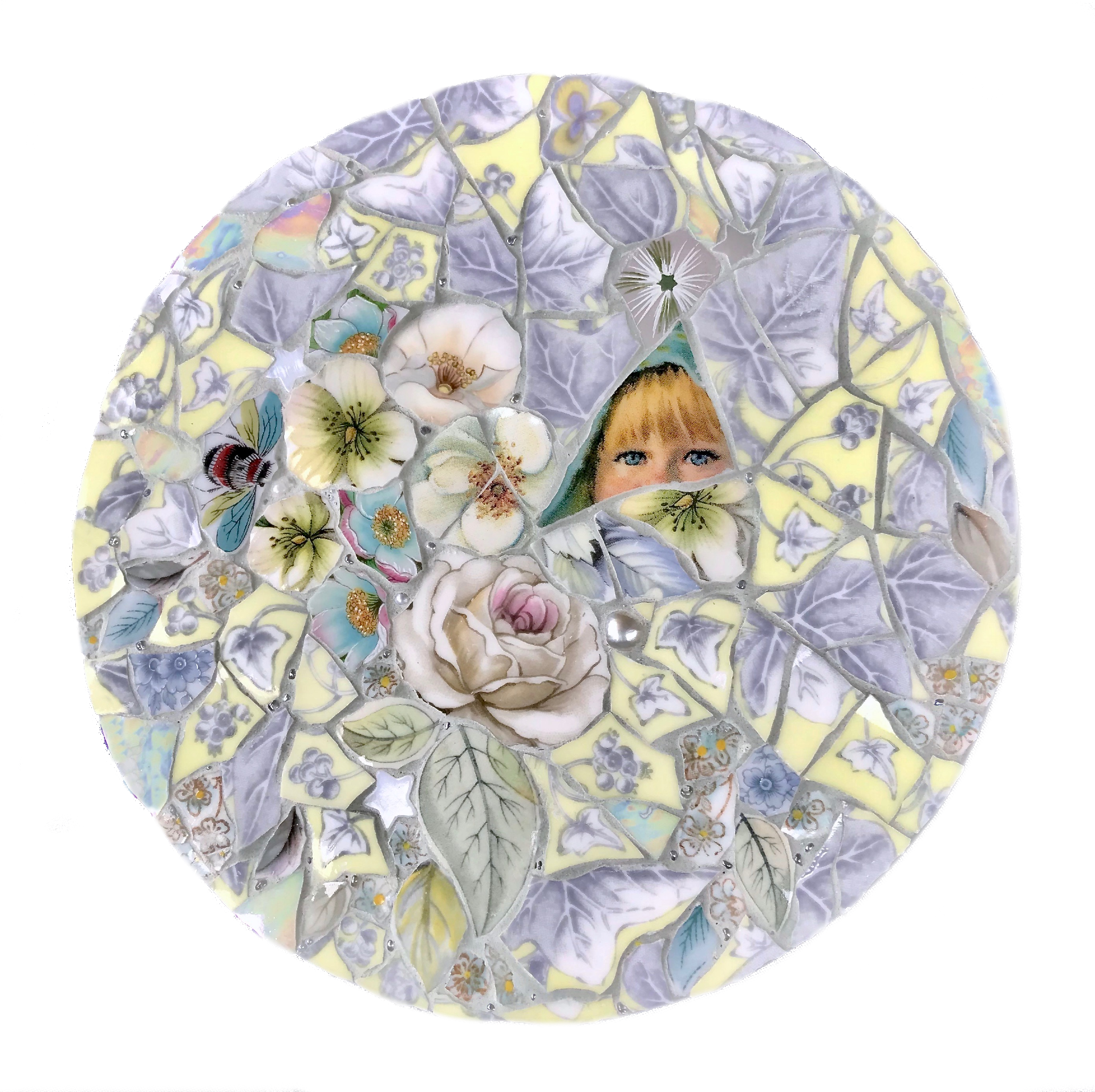 Emma Cavell: vintage china mixed media mosaic  'In the Garden'