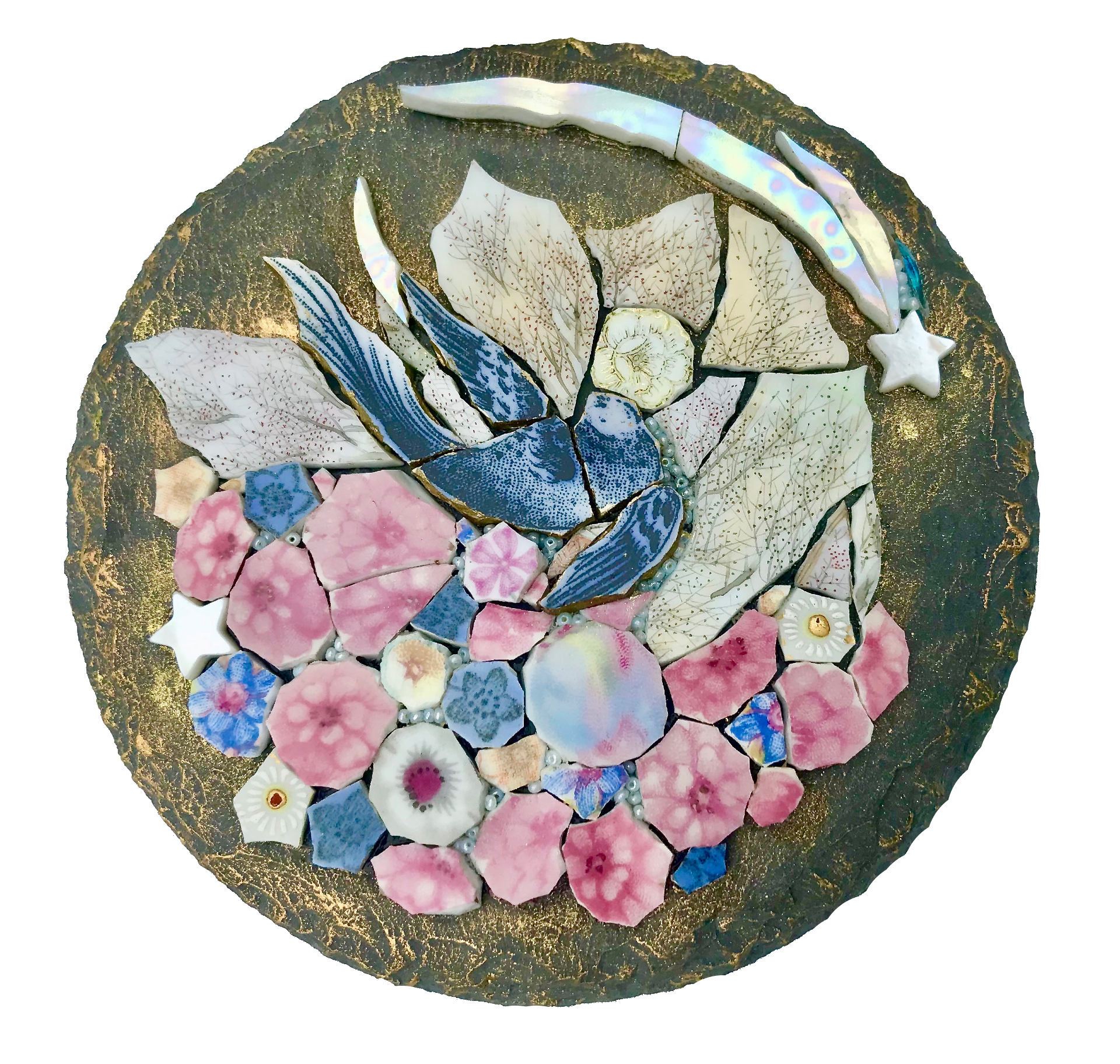 Emma Cavell: vintage china mixed media mosaic on slate  'Messenger of Love'
