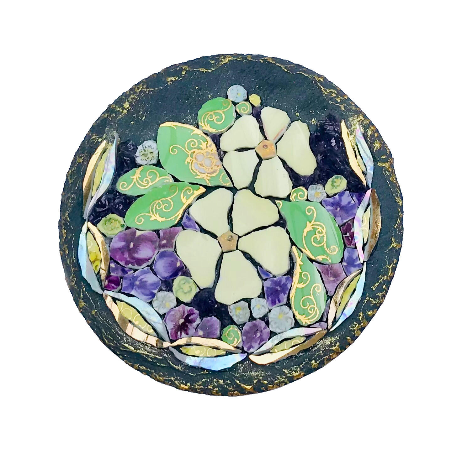 Emma Cavell: vintage china mixed media mosaic on slate  'Freya's Garden'