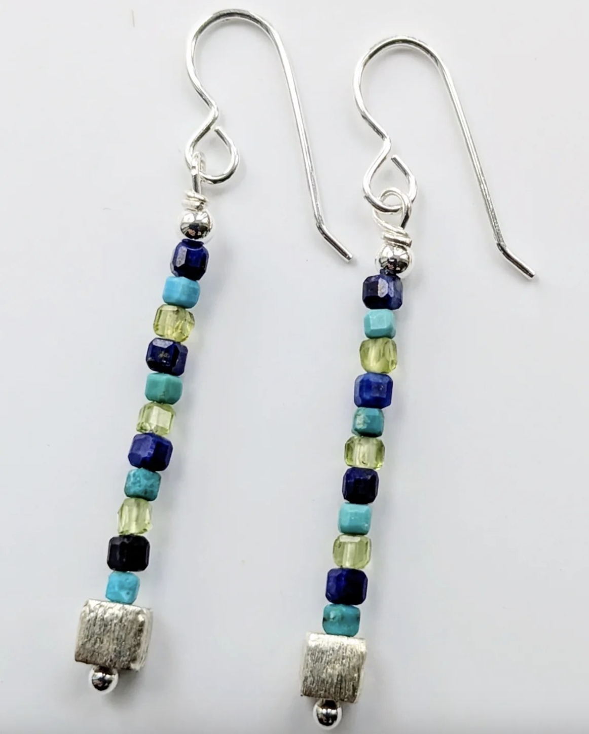 Jane Hainsworth: Turquoise, lapis & peridot earrings with silver