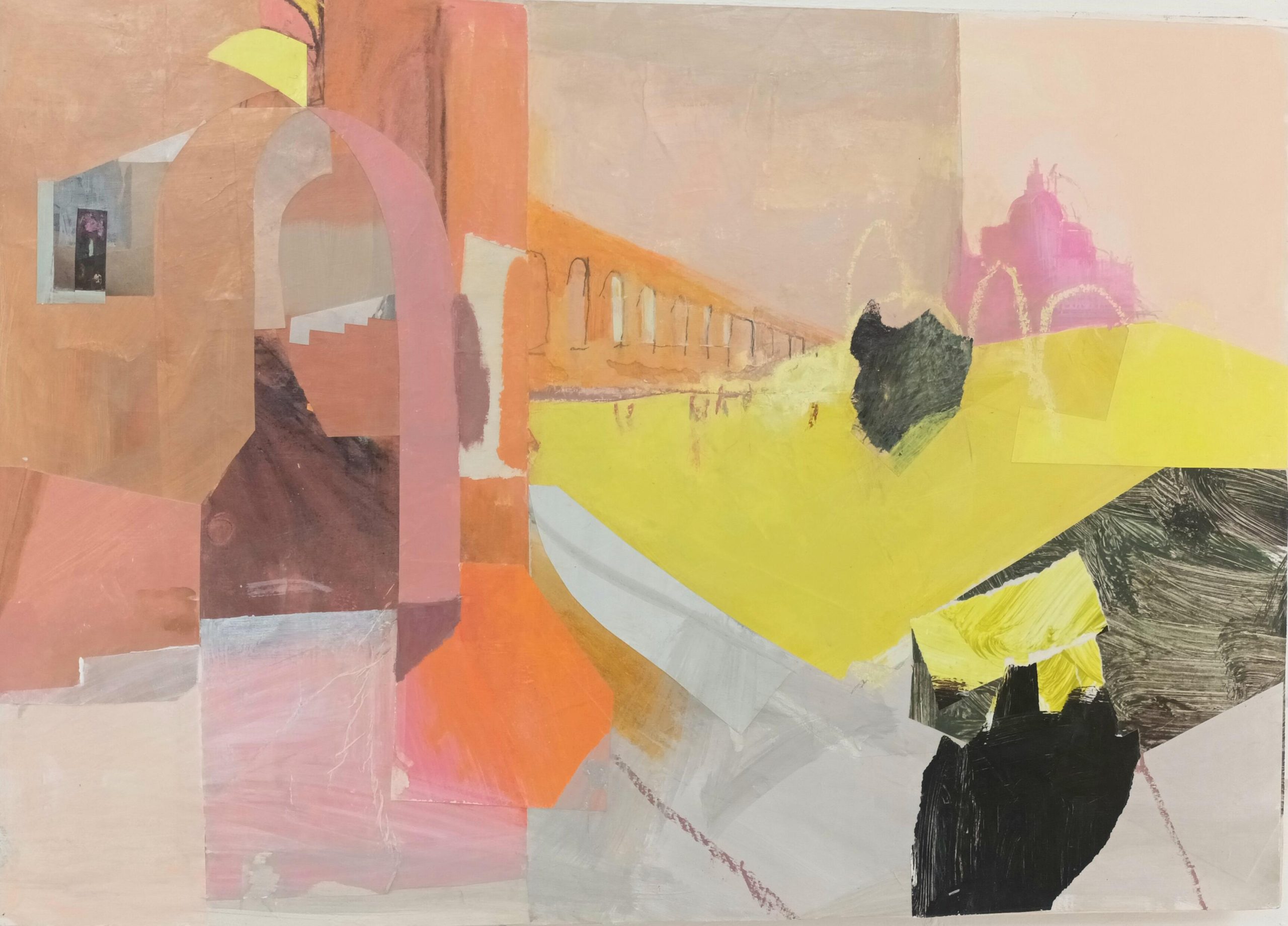 Jane Strother OAS: A Tourist in Bologna, Basilica, acrylic painted paper collage