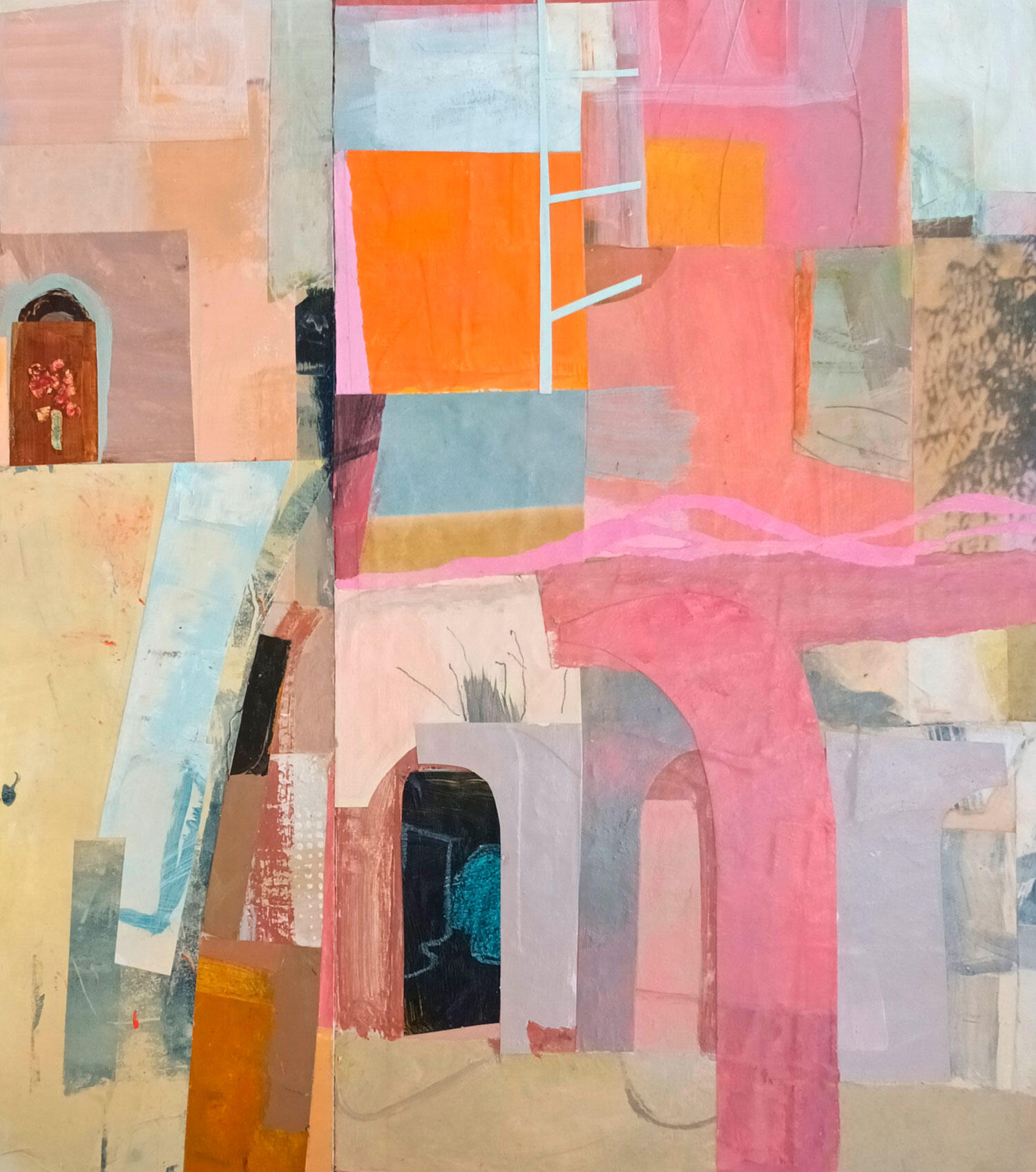 Jane Strother OAS: A Tourist in Bologna acrylic painted paper collage
