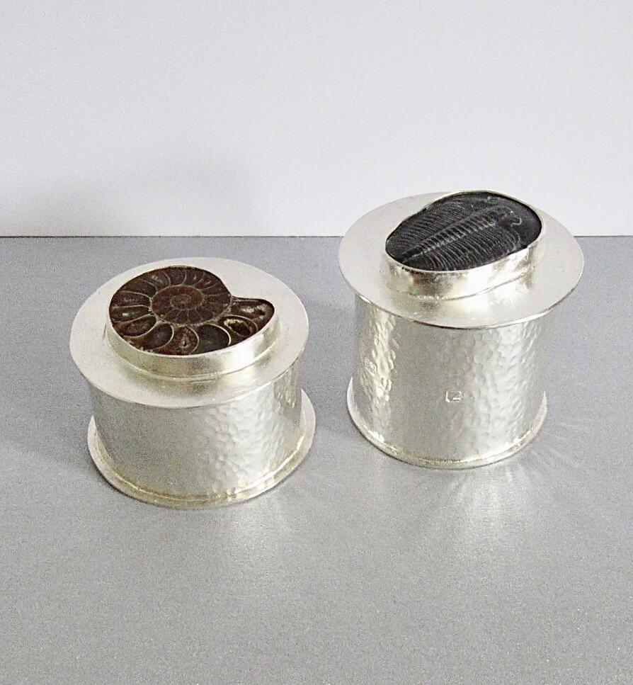Tony Thomson: Tony Thomson Lidded Boxes: LH side Ammonite set in silver. RH side: trilobite set in silver