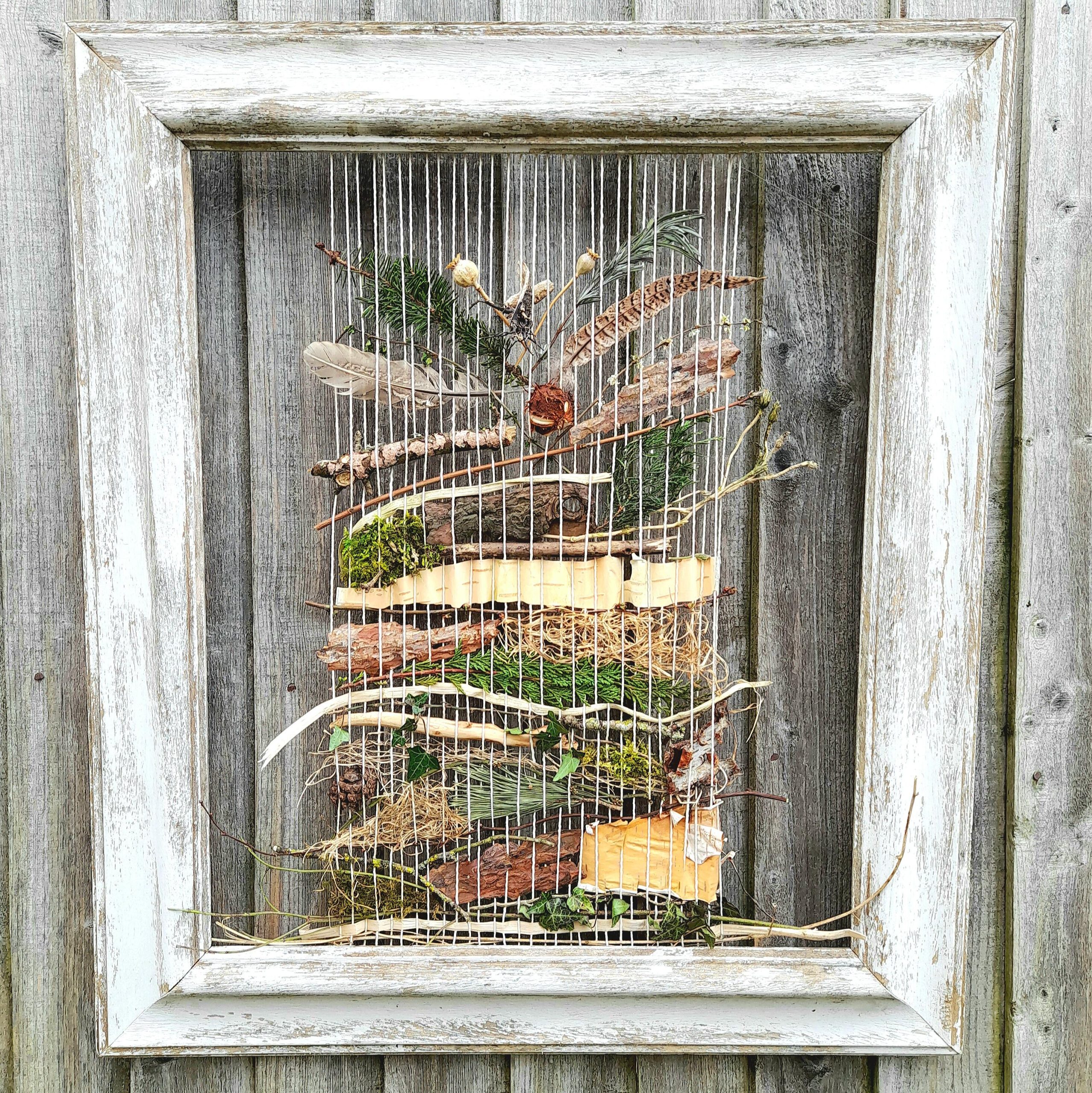 Carol Harvey: 'A Portrait of Nature', outdoor weave, nature finds woven onto antique picture frame, 68cm x 80cm, nfs