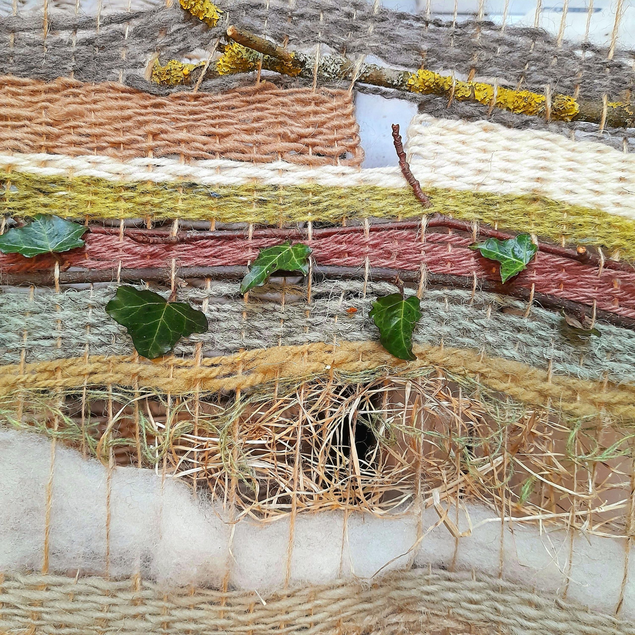 Carol Harvey: 'Portrait of a Hedgerow', a 2.5metre weave made of naturally dyed wools and hedgerow twigs and fibres, installed in the studio ceiling, for viewing only