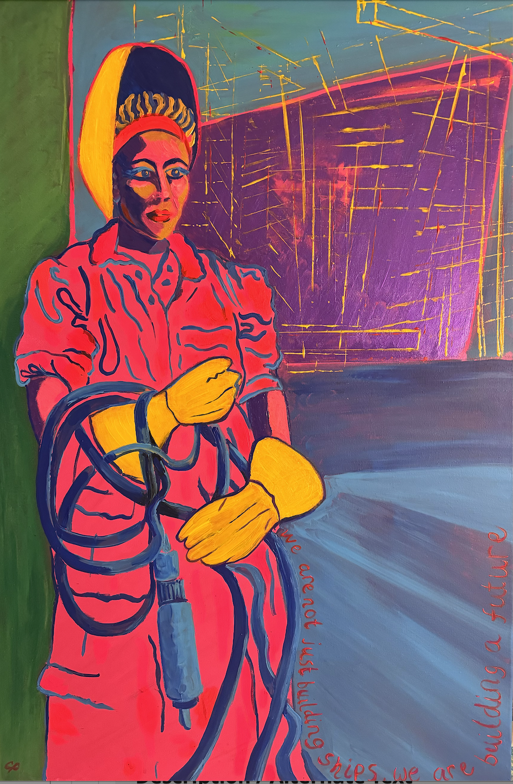 Caroline Parkes: WE ARE NOT BUILDING SHIPS, WE ARE BUILDING A FUTURE This painting was created for the Artists in Woodstock 'Conflict' exhibition at the Soldiers of Oxfordshire Museum, Woodstock. It is inspired by a Cecil Beaton photograph, of a female welder in a Hull shipyard. This will be on display at St Mary Magdalene Church, Woodstock, for Artweeks.