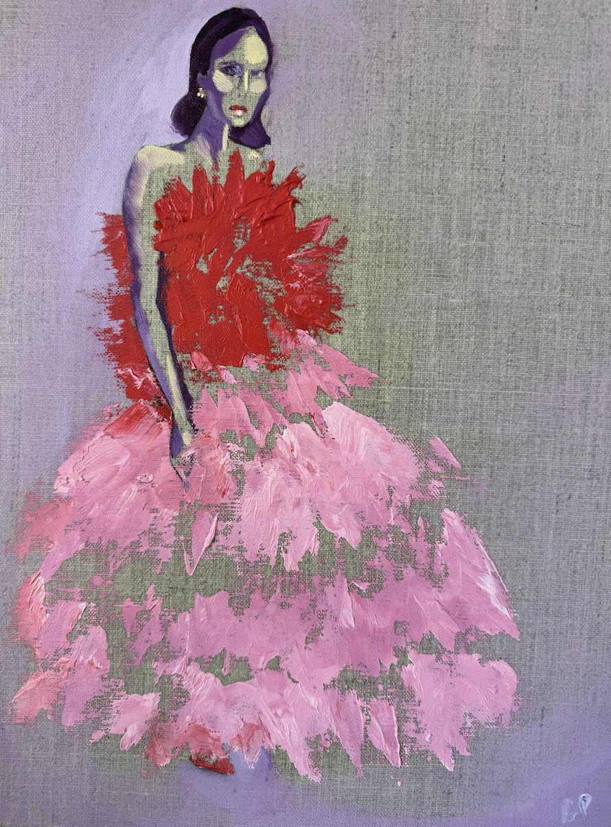 Caroline Parkes: MILLIA SCARLETT  Inspired by a fashion image from designer Millia London, this will feature in a window for the Artists in Woodstock windows trail for Artweeks