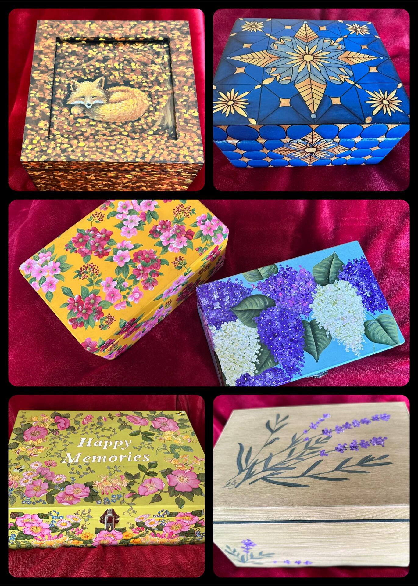 Louise Gustafson: Assorted unique wooden boxes, various sizes. Painted and varnished. Prices will depend on size and complexity of painting.