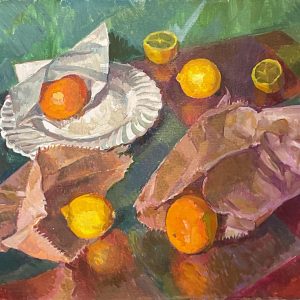 Neville Crowson WOA: Fruit and bags still-life 58x45cm framed £200