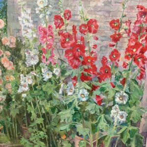 Neville Crowson WOA: Hollyhocks oil 85x85cm framed £650