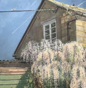 Neville Crowson WOA: Wisteria in May acrylic 72x92cm framed £350