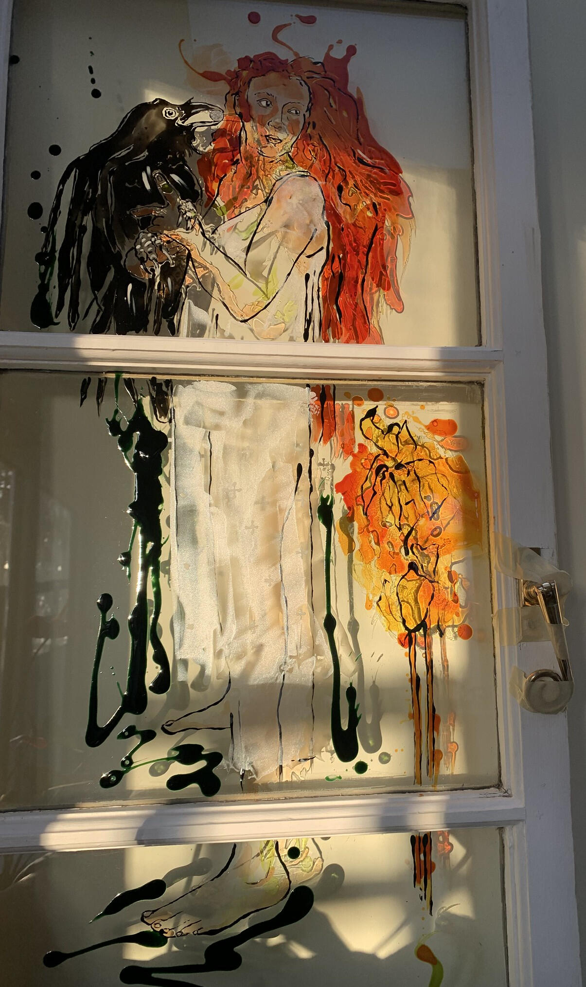 Sue Eves SOA: The Fiery Antidote - full length portrait of Lizzie from Goblin Market, poem by Christina Rossetti 1862. Vitrail transparent paint. 101cm x 42.5cm x 4.5cm Window from former General Elliot pub, Oxford. Wood Frame. Single Glazed. 3 lights. £650
