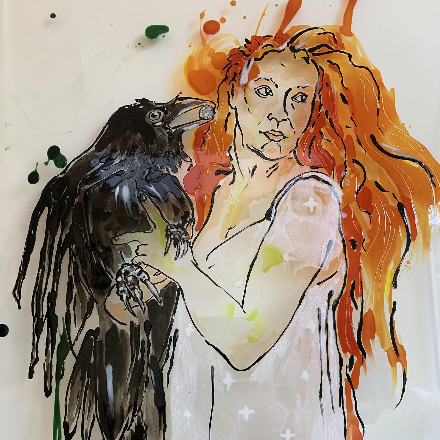 Sue Eves SOA: Lizzie And The Raven - portrait of Lizzie from poem Goblin Market by Christina Rossetti, 1862. Vitrail transparent paint. 50cm x 40cm Framed £350