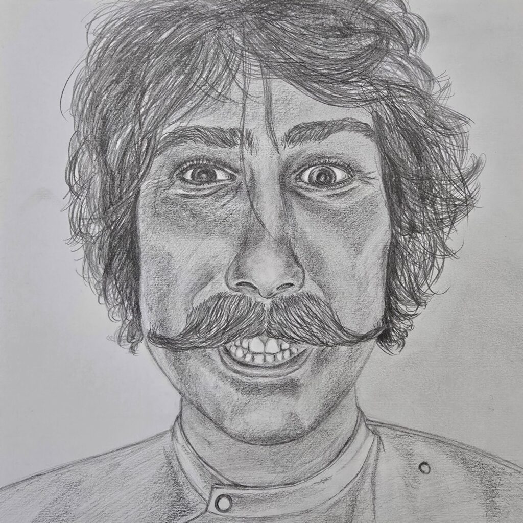 pencil drawing portrait of smiling man with handlebar moustache wearing a labcoat