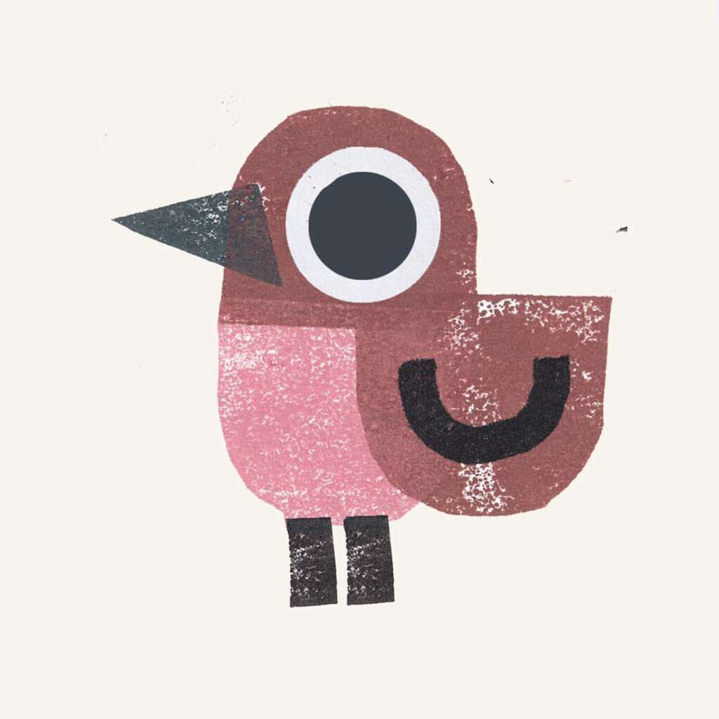Robin made with printmaking techniques staring awkwardly