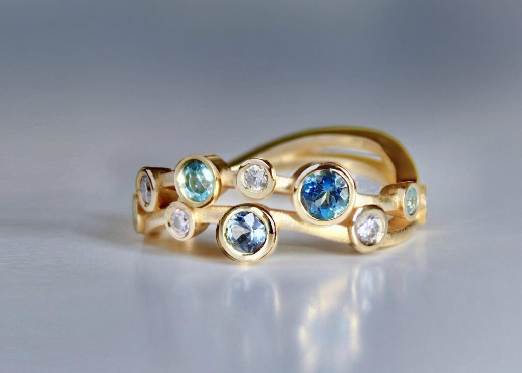 Aquamarine and Diamond High Tide Cluster Ring in 18ct Gold by Wendy Penrose Jewellery