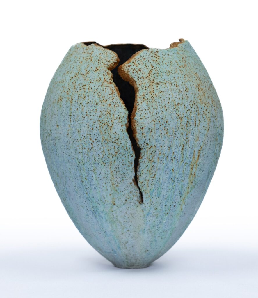 Hand-built sculptural vessel in a gypsum-based medium, coloured through natural oxidation of copper and iron