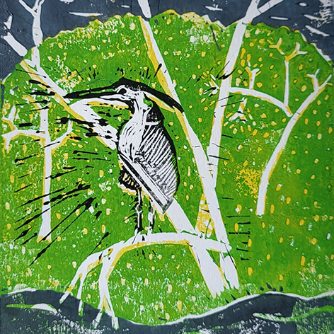 Four colour Linoprint of a heron