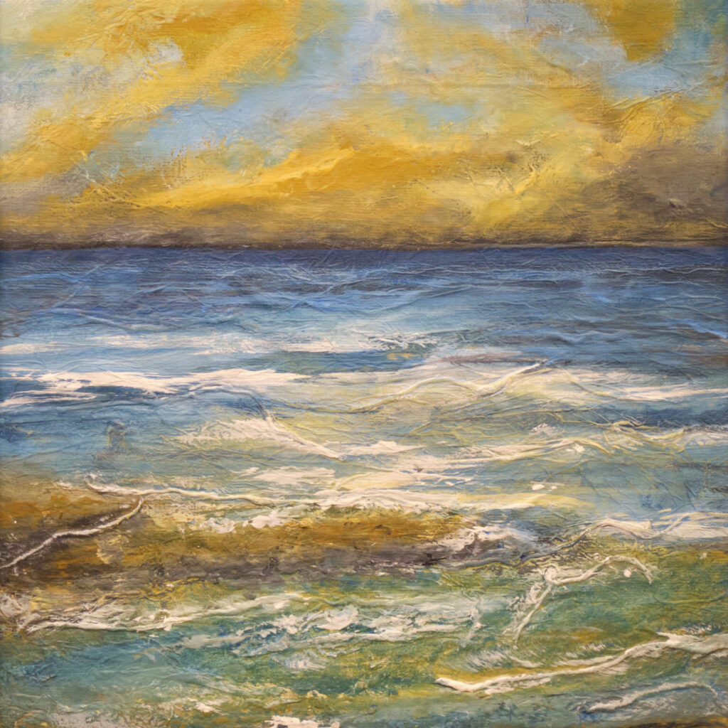 An expressive, textured seascape, created using acrylic paint, layered textiles and tissue paper.