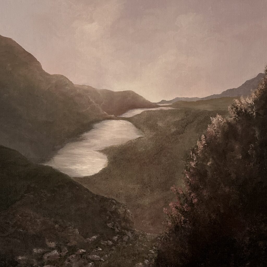Atmospheric landscape painting of a winding lake through a mountain valley at dusk, with soft light and luminous distant hills fading into the horizon.