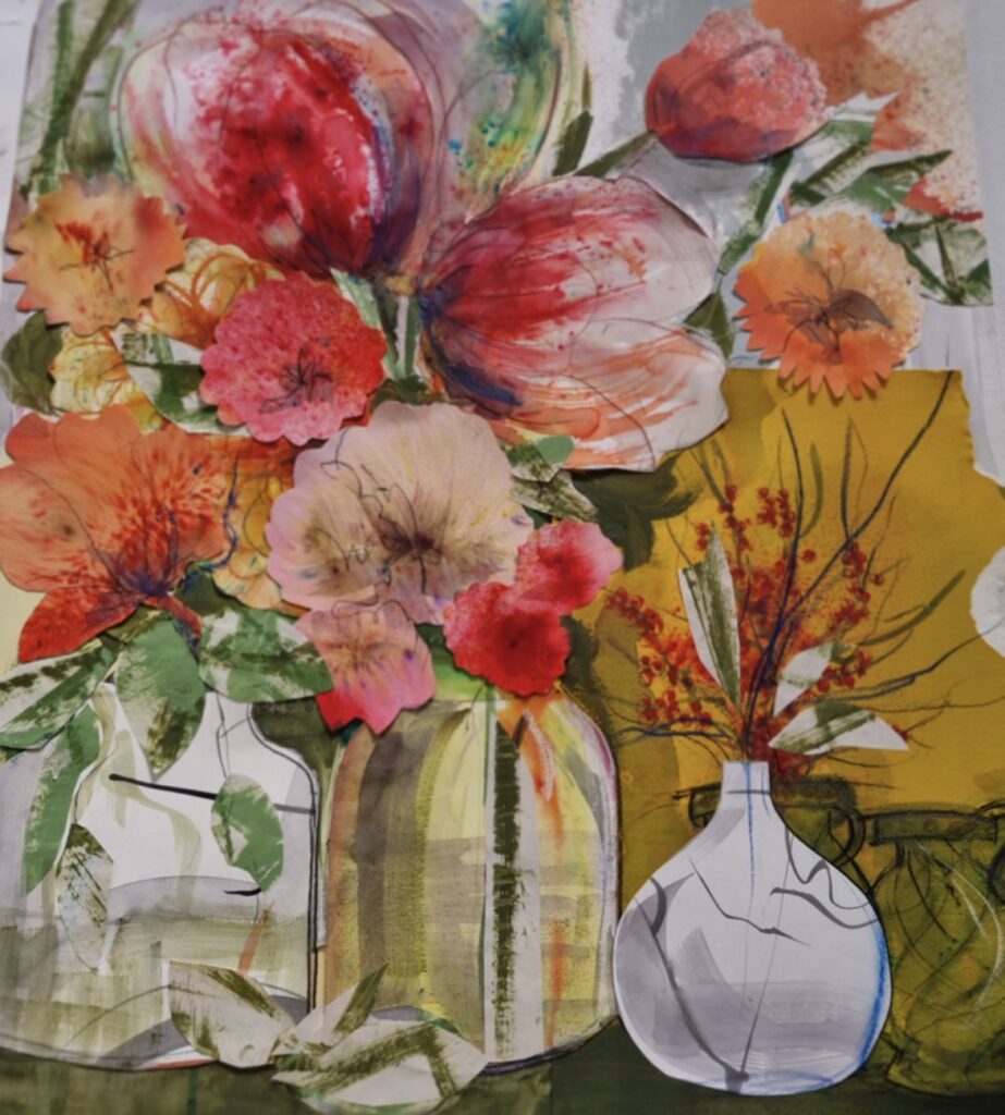 Florals and domestic scenes drawn painted and collaged