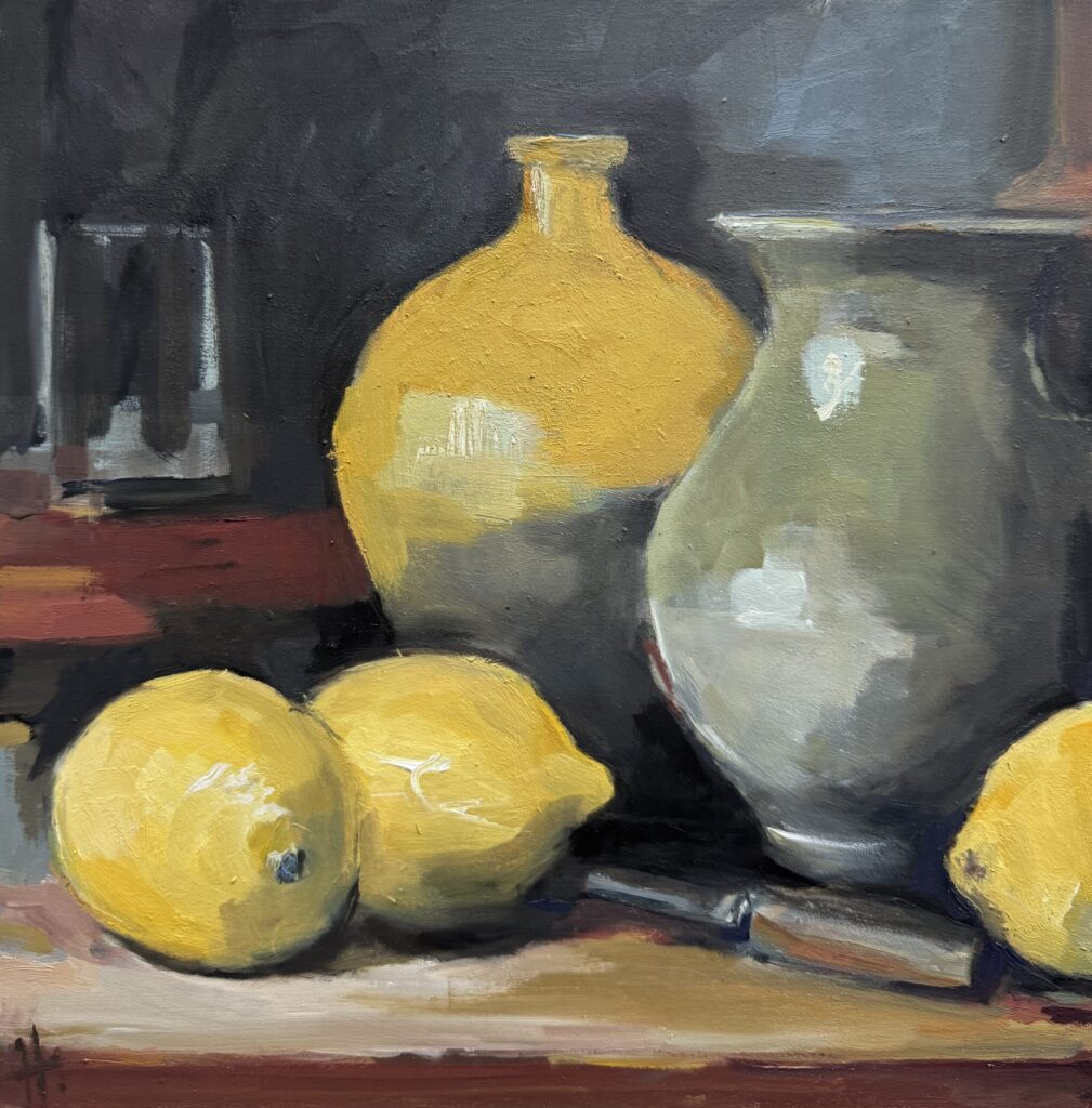 Still life with lemons and pots