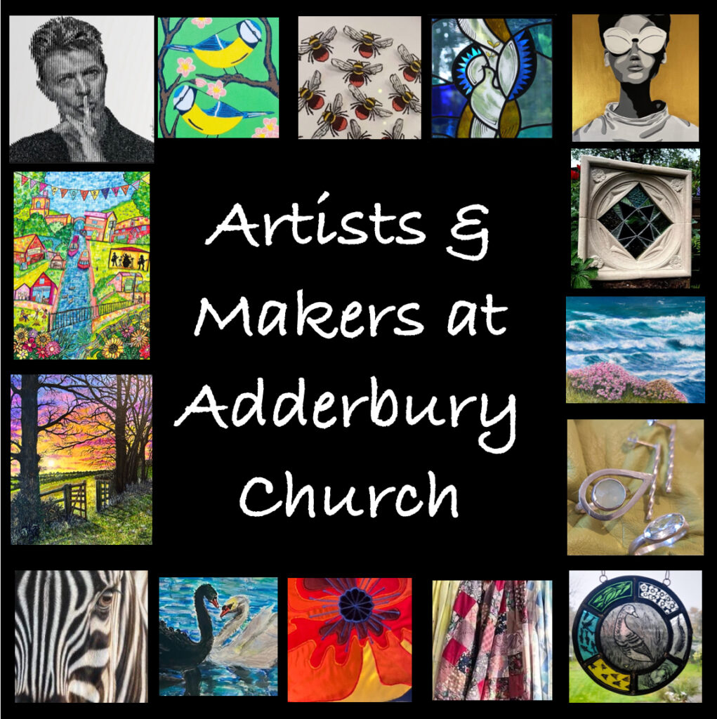 A square black panel with the group name in the centre surrounded by a mosaic of small colourful arts and crafts, one for each contributing artist.