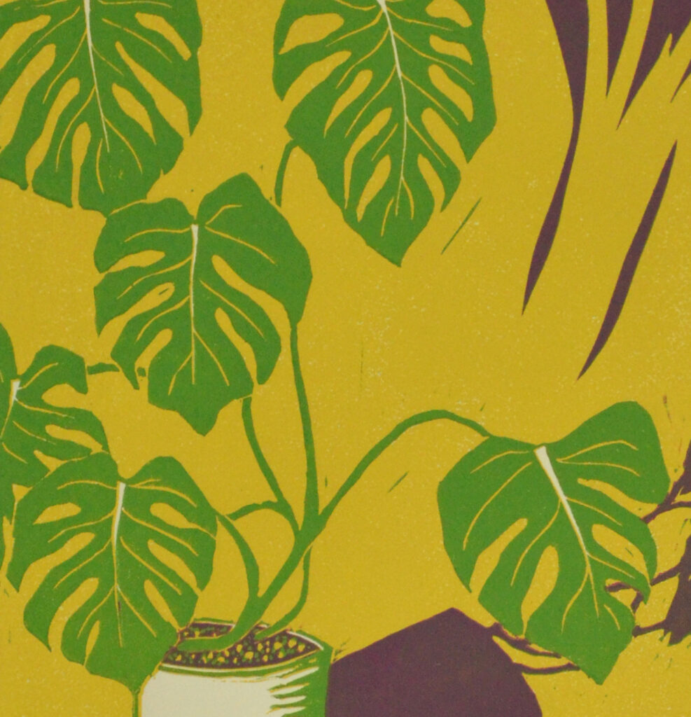 Linocut print of a monstera plant