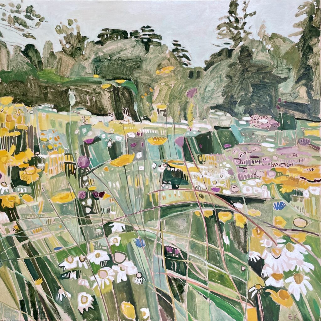 semi-abstract painting of my little wildflower meadow in bright sunshine