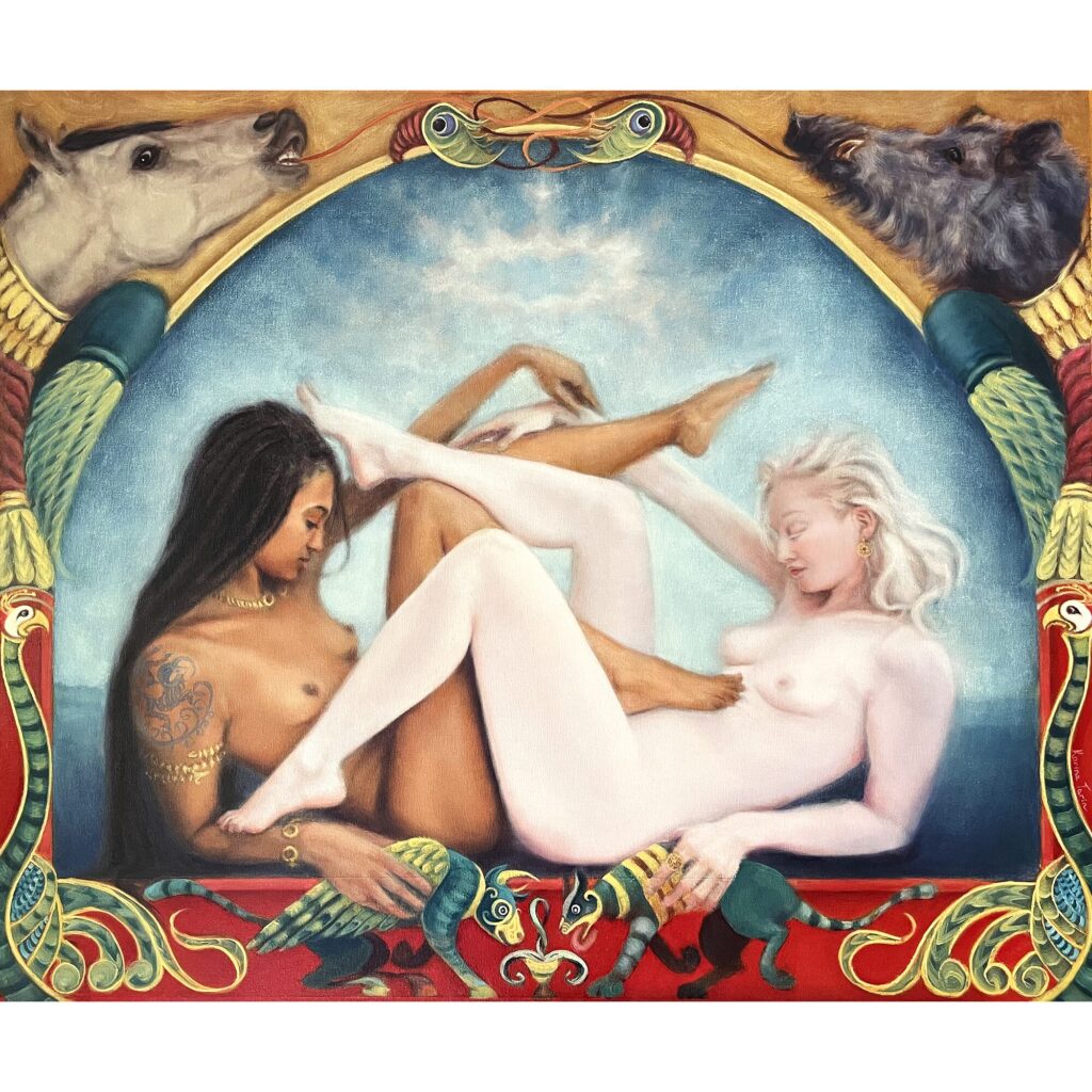 Pact, an original narrative oil painting inspired by ancient goddesses, symbolism, and medieval art, with horse, wild boar and mythical creatures